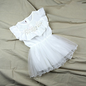 Đầm kate trắng siêu mềm tà voan xoè đính 3 bông hoa cho bé gái 0.5-2.5 tuổi từ 6 đến 14 kg 01368