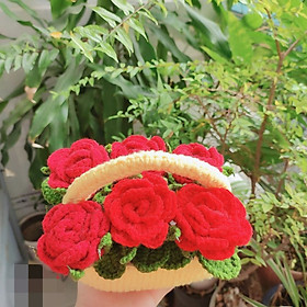 [Ảnh thật - Có sẵn] Giỏ hoa để bàn 6 bông hồng đỏ bằng len handamde