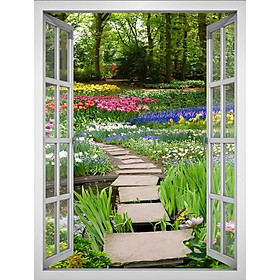 Tranh dán tường cửa sổ khổ dọc HD Vườn hoa đẹp CS-0394D KT 60 x 80 cm