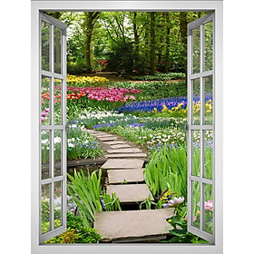 Mua Tranh dán tường cửa sổ khổ dọc HD Vườn hoa đẹp CS-0394D KT 60 x 80 cm
