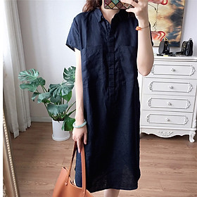 Đầm linen dáng suông cổ sơ mi 2 túi ốp ngực trẻ trung ArcticHunter, thời trang thương hiệu chính hãng - Xanh than