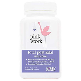 Pink Stork Total Postnatal + DHA, Support for Postpartum, Nutrients for Mom + Baby, Prenatal Vitamins + Vitamin C + Zinc, Women-Owned, 60 Vegetarian Capsules