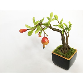 Chậu hoa đất sét mini- Bonsai lựu - Quà tặng trang trí handmade (18x10x10cm)