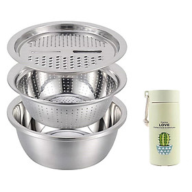 set 3 chậu rổ nạo inox tặng kèm kình giữ nhiệt xương rồng cao cấp