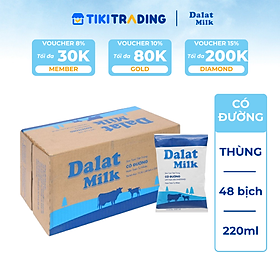 Thùng 48 bịch sữa tươi tiệt trùng Dalat Milk có đường 220ml