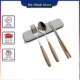 Bộ 3 Món Thìa Đũa Dĩa Lúa Inox Không Gỉ Cán Gỗ Kèm Hộp Đựng Bộ Đũa Thìa Cá Nhân Văn Phòng