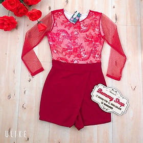 Jumpsuit short phối ren lưới tay dài vạt đắp Cao Cấp
