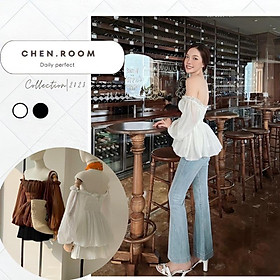 Chenroom Áo trễ vai nhún bèo bo eo trẻ trung dễ thương, áo xinh nhà chen