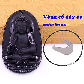 Mặt Phật A di đà đá thạch anh đen kèm vòng cổ dây da đen + móc inox trắng, mặt dây chuyền Phật bản mệnh, vòng cổ mặt Phật