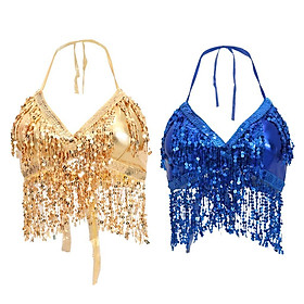 2pcs Tassel Top Belly Dance Bra Halter Top Sequin Costume Bollywood Outfits