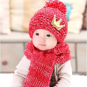 Bộ mũ len cho bé kèm khăn cao cấp họa tiết vương miện, sét nón len cho bé trai và bé gái