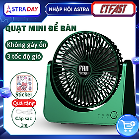 Quạt tích điện để bàn CTFAST V02, quạt mini văn phòng không gây ồn, 3 tốc độ gió, điều chỉnh 270 độ, tặng kèm sticker trang trí, sạc USB - Hàng chính hãng