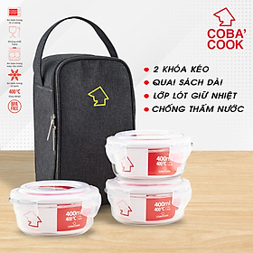 Bộ 3 hộp tròn 400ml đựng cơm kèm túi hộp thủy tinh chịu nhiệt cường lực COBA'COOK- XẢ KHO