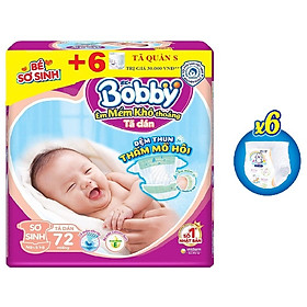 Tã Dán Sơ Sinh Bobby Gói Lớn XS72 (72 Miếng) + 6 Miếng Tã Quần Size S