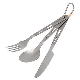 Lixada 3 Piece Cutlery Set Titanium Outdoor Camping Picnic Cutlery Spoon Cutter Fork with Carabiner