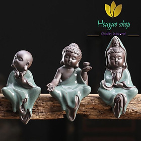 Tượng gốm men sứ Tam thánh tây phương lớn, tượng gốm tử sa cao cấp trang trí khay trà, phong thủy