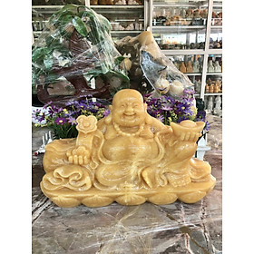 Tượng Phật Di Lặc ngồi tựa bao tiền cầm thỏi vàng và gậy như ý phong thủy đá ngọc hoàng long - Dài 40 cm