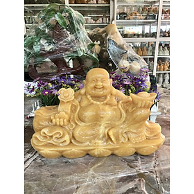 Mua Tượng Phật Di Lặc ngồi tựa bao tiền cầm thỏi vàng và gậy như ý phong thủy đá ngọc hoàng long - Dài 40 cm