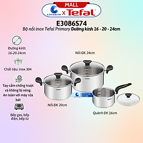 Mua Bộ nồi inox  nồi không gỉ Tefal Primary 16/18/20cm 3 cái E3086S74- Hàng Chính Hãng - dùng được tất cả các mặt bếp  quánh 16cm - 1.5L  nồi 18cm - 2.2L  nồi 20cm - 3L