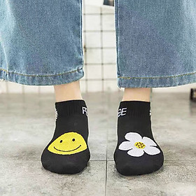 Combo 5 đôi tất, vớ cổ ngắn nữ họa tiết hoa cúc, vải cotton thông thoáng, chống mùi hôi/Tất đen họa tiết hình hoa cúc siêu cute dành cho nam và nữ đi kèm túi zip đựng xinh xắn - THCD