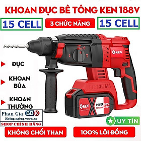 [LOẠI 1] Máy Khoan Đục Bê Tông 3 Chức Năng Dùng Pin KEN 199V Động Cơ Không Chổi Than Bộ 2 Pin 15cell