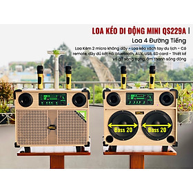 Mua Loa kéo QS 229A - Loa kéo di động bass 2.5 tấc - Kèm 2 micro không dây - Loa kẹo kéo xách tay du lịch - Có remote  đầy đủ kết nối bluetooth  AUX  USB  SD card  - Thiết kế vỏ gỗ sang trọng  âm thanh sống động