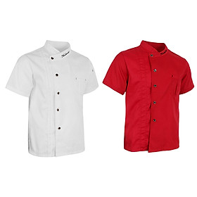 Unisex Chef Jackets Coat Short Sleeves Shirt Kitchen Uniforms(White L+Red )