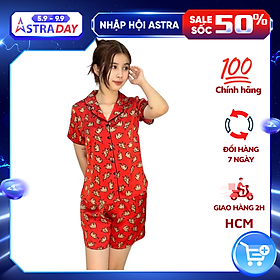 Đồ bộ pijama lụa, đồ mặc nhà nữ VILADY - B138 kiểu quần đùi tay cộc họa tiết con Voi siêu dễ thương, chất liệu lụa Pháp (lụa latin) - Màu đỏ