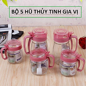 Bộ 5 Hủ Thuỷ Tinh Đựng Gia Vị, Bộ Gia Vị Thủy Tinh 5 Món Có Tay Cầm