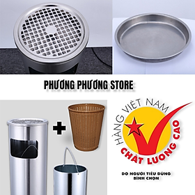 ( Hàng Cao Cấp ) Thùng rác inox tròn A 35, thùng rác inox gạt tàn tròn Dành cho khách sạn nhà hàng quán ăn và gia đình ( Tặng sọt tròn mây )