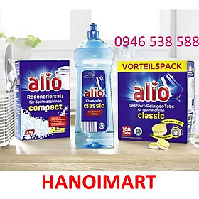 Combo viên rửa bát alio 100 viên + muối alio 2kg + nước làm bóng alio 1000ml chuyên dùng cho máy rửa bát