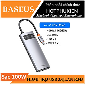 Hub chuyển đổi USB Type-C 6 in 1 sạc nhanh 100W ra 3 cổng USB 3.0, LAN RJ45