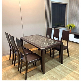 Bộ Bàn Ăn Mặt Đá, Chân Hươu, 6 Ghế Liền, Tựa Liền