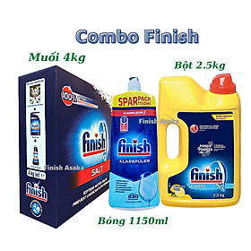 Combo rửa bát Finish: Nước Làm bóng chai 1150ml, Muối hộp 4kg, Bột Classic can 2,5kg - Chính Hãng.