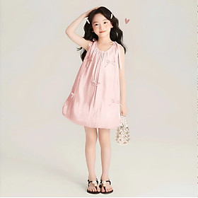 Đầm Bí Bé Gái, Váy Tiểu thư Bé Gái Voan Óng Sát Nách Rút Nơ Đi Tiệc, Đi Chơi Từ 12-45kg Dành Cho Bé Gái
