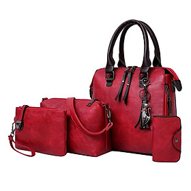4pcs Womens Handbag Shoulder Hand Bag Cross Body Cards Makeup Holder Red