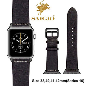 Dây Da Apple Watch 42mm 41mm 40mm 38mm, Chất Liệu Da Bò Cao Cấp, Phong Cách Vintage Thread Hoài Cổ, Đơn Giản Và Tinh Tế, Tương Thích Các Phiên Bản Series 10/9/8/7/6/5/4/3/2/1/SE/SE2 - Hàng Chính Hãng SAIGIO - Đen - Đen