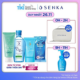 Bộ sản phẩm Senka làm sạch và chống nắng dành cho da mụn (Senka A.L.L.Clear Water Fresh 230ml + SRM Acne Care 100g + Senka Perfect UV Essence 50g) - Tặng Khăn giấy tẩy trang Senka 44 miếng