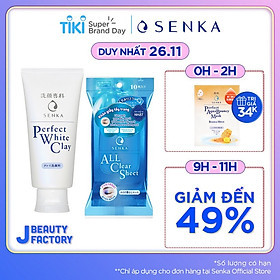 Bộ sản phẩm Senka làm sạch da dưỡng trắng tiện lợi (Sữa Rửa Mặt Tạo Bọt Chiết Xuất Đất Sét Trắng Senka Perfect White Clay 120g + Khăn giấy tẩy trang 10 miếng Senka Cleansing Sheet)