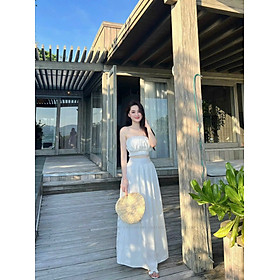 Set bộ áo croptop có mút phối dây hoa kèm chân váy dài xòe