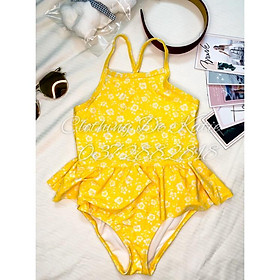 2T-5T Bikini đồ bơi đi biển 1 mảnh màu vàng 2 dây chéo hoa trắng nhí bé gái chống nắng
