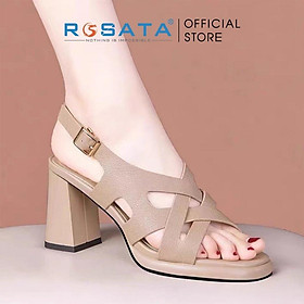 Giày sandal cao gót nữ đế vuông 7 phân mũi vuông  phối dây quai hậu cài khóa mảnh ROSATA RO596 ( Bảo Hành 12 Tháng ) - Nâu