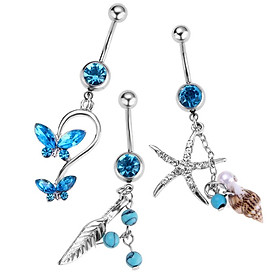 3pcs Rhinestone Butterfly Leaf Star Tribal Stainless Steel Belly Ring Button