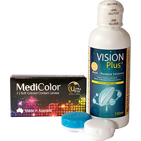 COMBO E Kính Áp Tròng Màu Đen Medicolor + Nước Ngâm