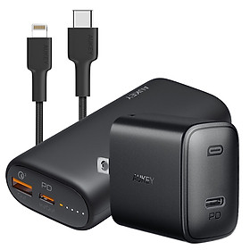 Combo Pin Sạc Dự Phòng Aukey 10.000 mAh PB-Y36, Cốc Sạc Nhanh PA-F1, Cáp C To Lightning CB-CL - Hàng Chính Hãng