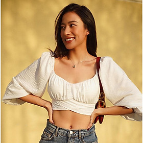 QUẢNG CHÂU Áo croptop trắng tay dài thắt nơ sau lưng - chất liệu vải đũi CAO CẤP