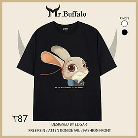 Áo đôi, cặp tay lỡ unisex zootopia Nick, judy, cáo và thỏ dễ thương Mr.Buffalo - T87-Đen