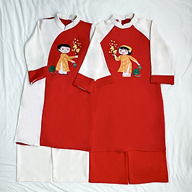 Áo dài đôi Bé Trai Bé Gái mặc cặp vải lụa chéo mềm màu đỏ in hình em bé Tết kèm quần suông MamLa TC204