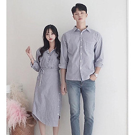 ÁO ĐÔI ĐỒ CẶP NAM NỮ ÁO SƠ MI ĐẦM DÀI CỘT EO KẺ SỌC