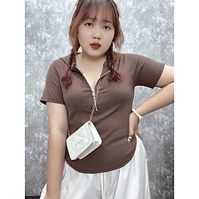 Áo thun tay ngắn croptop bigsize khóa kéo có nón lai bầu chất gân tăm co giãn phom rộng 60-95kg G32 - Nâu